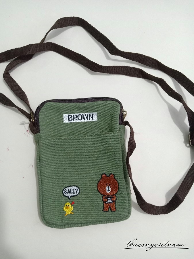 Túi handmade vải vintage 12x19x2cm - Gấu Brown xanh lá